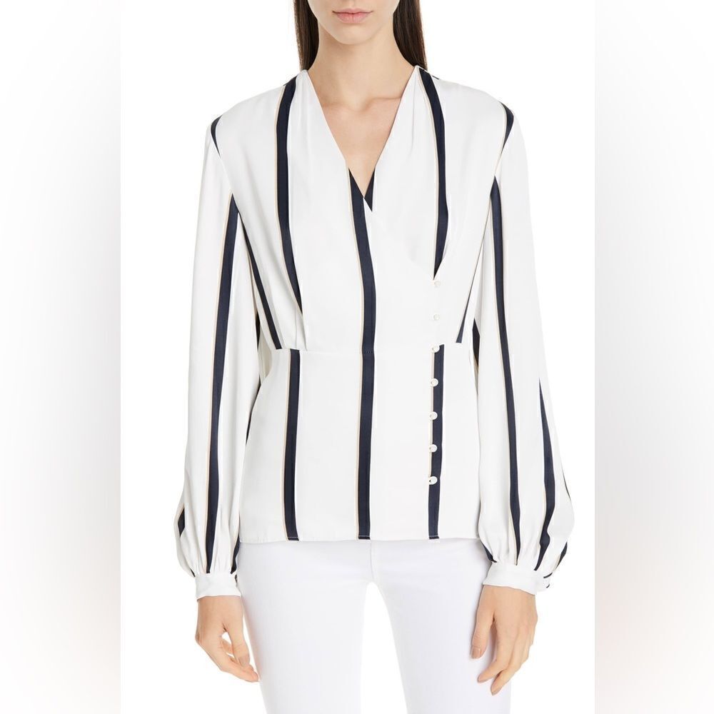 EUC Equipment White silk blouse, side button detailing and billowy sleeves Sz. S